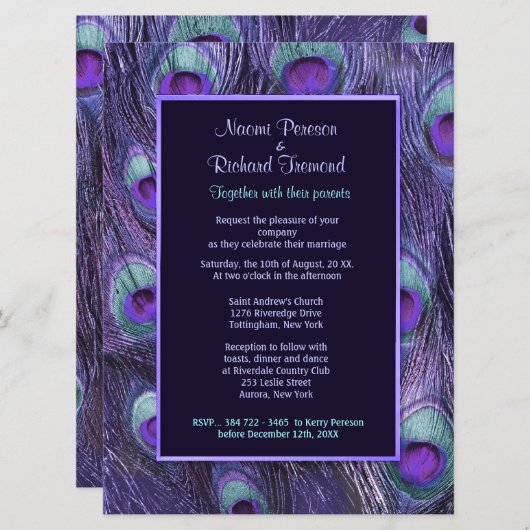 Peacock Feather Paarse 6,5 inch x 8 bruiloft uitno Kaart (Voorkant / Achterkant)