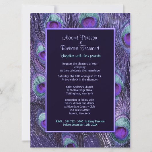 Peacock Feather Paarse 6,5 inch x 8 bruiloft uitno Kaart (Voorkant)