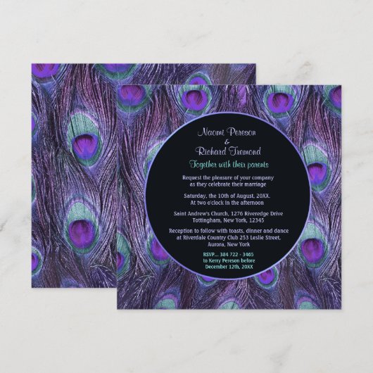 Peacock Feather Paarse Drama Huwelijksuitnodiging Kaart (Voorkant / Achterkant)