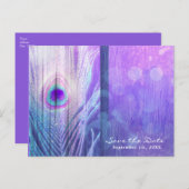 Peacock Feather Paarse Glam Boho Bewaar de datum Aankondigingskaart (Voorkant / Achterkant)