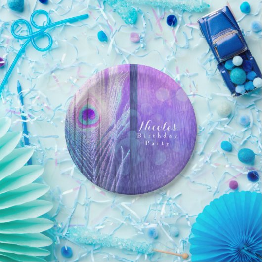 Peacock Feather Paarse Glam Boho Chic Custom Party Papieren Bordje (Feest)