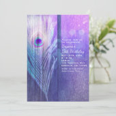 Peacock Feather Paarse Glam Boho Party Uitnodiging (Staand voorkant)