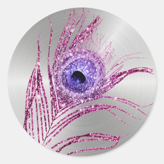 Peacock Feather Paarse Mauve Glitter Ronde Sticker (Voorkant)