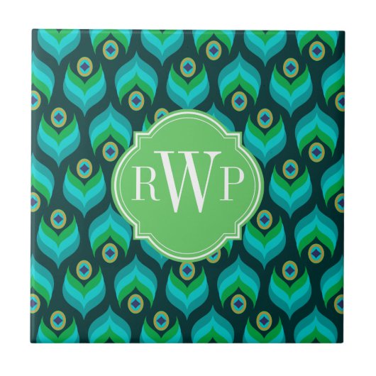 Peacock Feather Pattern Monogram Gepersonaliseerd Tegeltje (Voorkant)