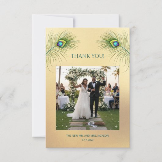 Peacock Feather Photo Wedding Thank You Card Bedankkaart (Voorkant)