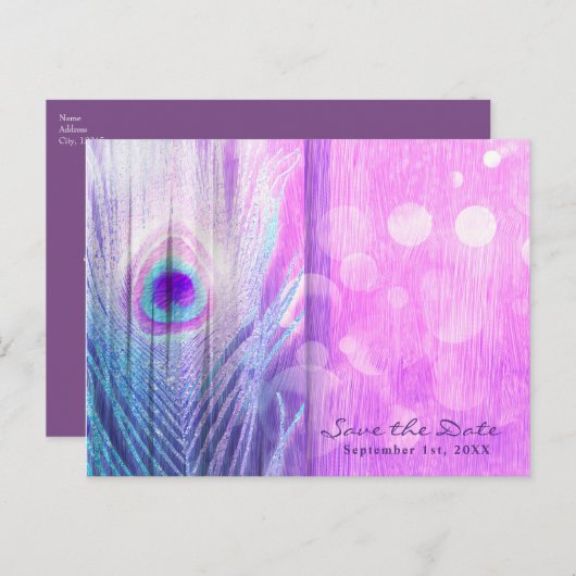 Peacock Feather Pink & Blue Boho Bewaar de datum Aankondigingskaart (Voorkant / Achterkant)