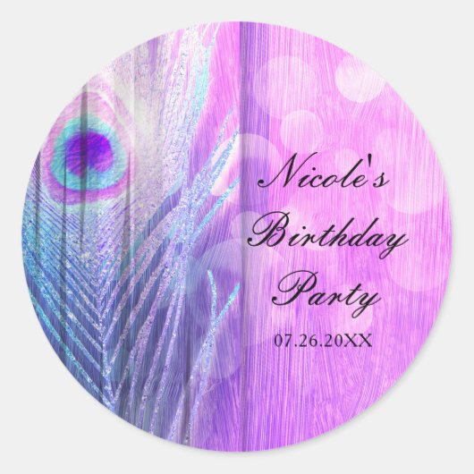 Peacock Feather Pink & Blue Boho Party Favor Ronde Sticker (Voorkant)