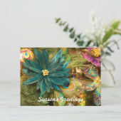 Peacock Feather Poinsettia Flat Christmas Card Feestdagenkaart (Staand voorkant)