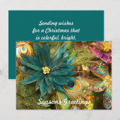 Peacock Feather Poinsettia Flat Christmas Card Feestdagenkaart (Voorkant / Achterkant)
