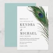 Peacock Feather Poise Green Back Wedding Invite Kaart (Voorkant / Achterkant)