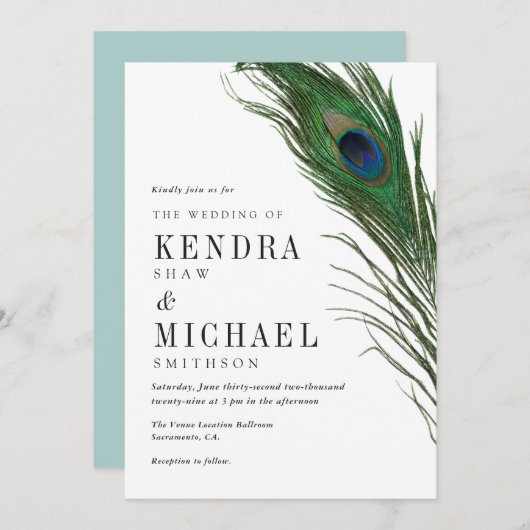 Peacock Feather Poise Green Back Wedding Invite Kaart (Voorkant / Achterkant)