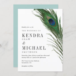 Peacock Feather Poise Green Back Wedding Invite Kaart