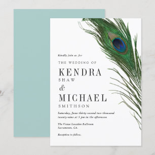 Peacock Feather Poise Green Back Wedding Invite Kaart