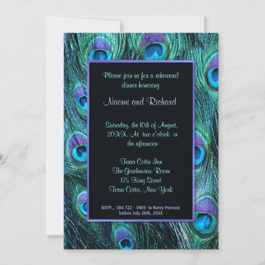 Peacock Feather Rehearsal Dinner Invitation Kaart (Voorkant)