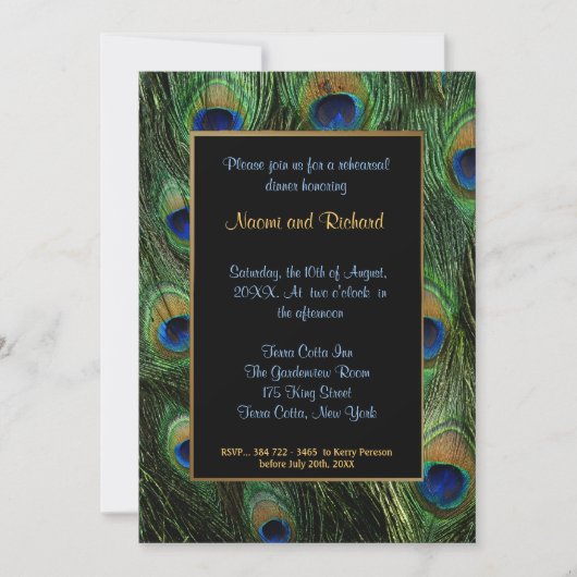 Peacock Feather Rehearsal Dinner Invitation Kaart (Voorkant)