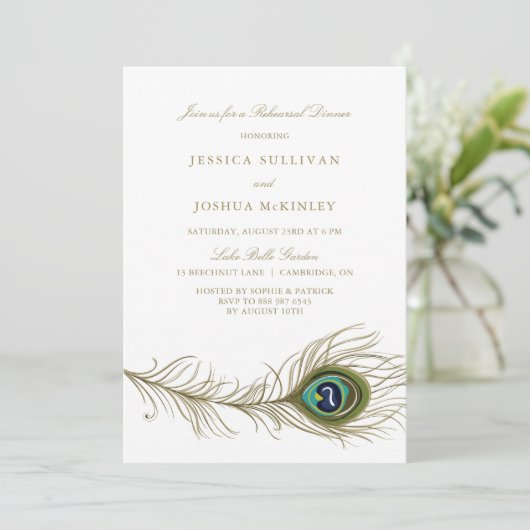 Peacock Feather Rehearsal Dinner Invitation Kaart (Staand voorkant)