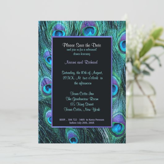 Peacock Feather Rehearsal Dinner Invitation Save The Date (Staand voorkant)