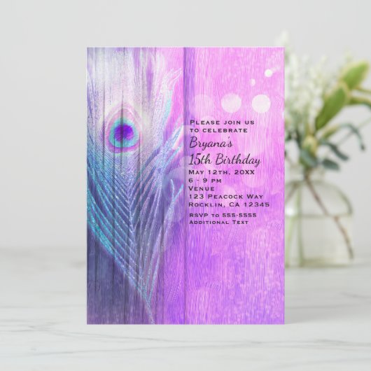 Peacock Feather Roze & Blauw Boho Party Uitnodigin Kaart (Staand voorkant)