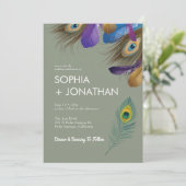 Peacock Feather Sage Green Wedding Modern Chic Kaart (Staand voorkant)