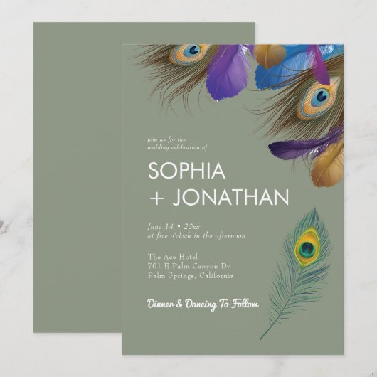 Peacock Feather Sage Green Wedding Modern Chic Kaart (Voorkant / Achterkant)