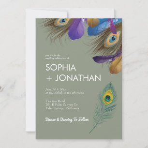 Peacock Feather Sage Green Wedding Modern Chic Kaart