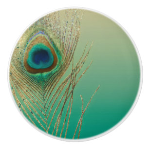 Peacock Feather Sand en Blauwgroen Boho Glam Elega Keramische Knop