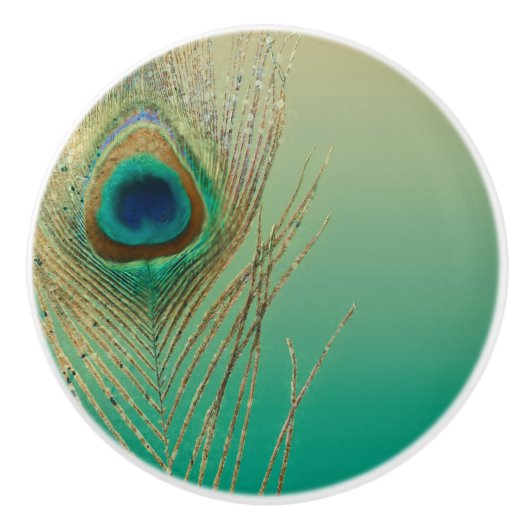 Peacock Feather Sand en Blauwgroen Boho Glam Elega Keramische Knop (Voorkant)