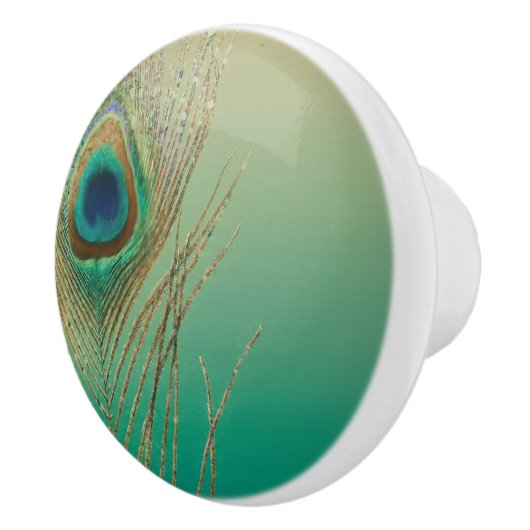 Peacock Feather Sand en Blauwgroen Boho Glam Elega Keramische Knop (Rechts)