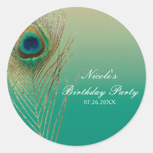 Peacock Feather Sand en Blauwgroen Boho Party Favo Ronde Sticker (Voorkant)