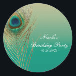 Peacock Feather Sand en Blauwgroen Boho Party Favo Ronde Sticker<br><div class="desc">Peacock Feather Sand en Blauwgroen Boho Party Favor Stickers. Aanpassen met elke gewenste tekst.</div>