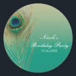 Peacock Feather Sand en Blauwgroen Boho Party Favo Ronde Sticker<br><div class="desc">Peacock Feather Sand en Blauwgroen Boho Party Favor Stickers. Aanpassen met elke gewenste tekst.</div>