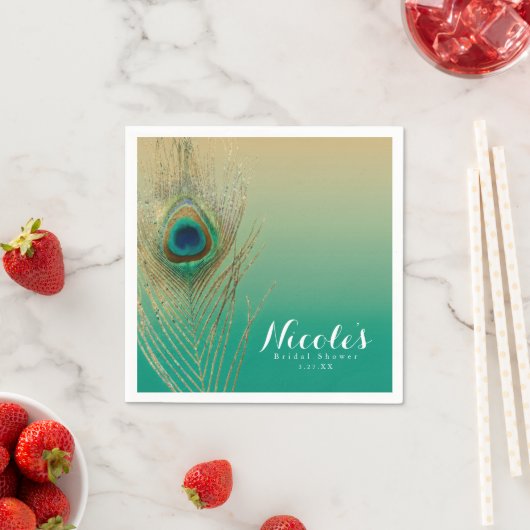 Peacock Feather Sand en Blauwgroen Boho Party Rece Servetten (Insitu)
