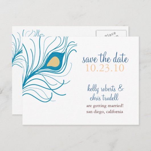 Peacock Feather Save The Date briefkaart geel (Voorkant / Achterkant)