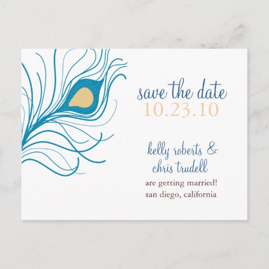 Peacock Feather Save The Date briefkaart geel (Voorkant)