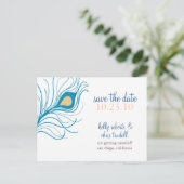 Peacock Feather Save The Date briefkaart geel (Staand voorkant)