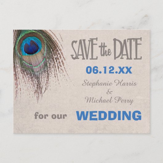 Peacock Feather Save the Date Wedding Briefkaart (Voorkant)