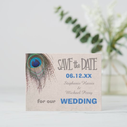 Peacock Feather Save the Date Wedding Briefkaart (Staand voorkant)