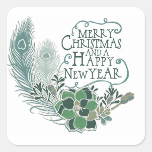 Peacock Feather Succulent Merry Christmas Sticker