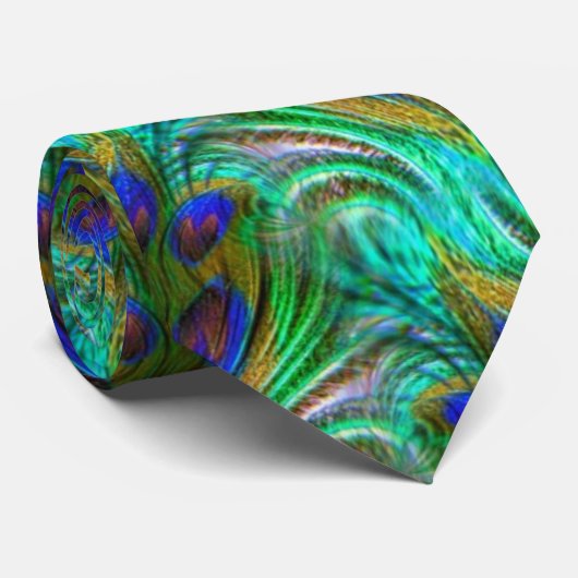 Peacock Feather Swirl Abstract Aqua Green Stropdas (Opgerold)