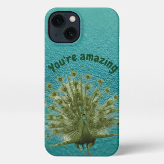 Peacock Feather Texture You Are Amazing Teal iPhone 13 Hoesje