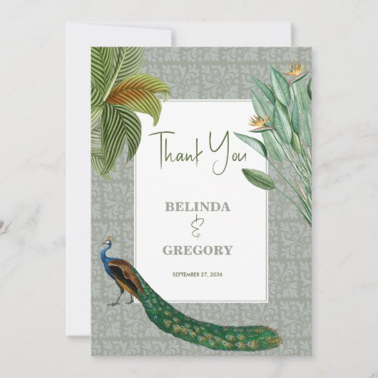 Peacock Feather Tropical Greenery Wedding Bedankkaart (Voorkant)