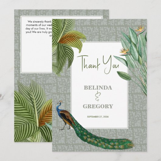  Peacock Feather Tropical Greenery Wedding Bedankkaart (Voorkant / Achterkant)