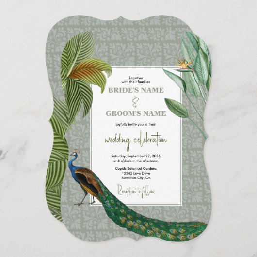  Peacock Feather Tropical Greenery Wedding Kaart (Voorkant / Achterkant)