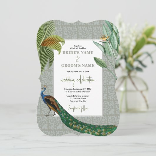  Peacock Feather Tropical Greenery Wedding Kaart (Staand voorkant)