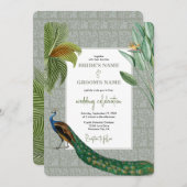 Peacock Feather Tropical Greenery Wedding Kaart (Voorkant / Achterkant)