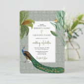 Peacock Feather Tropical Greenery Wedding Kaart (Staand voorkant)