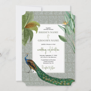 Peacock Feather Tropical Greenery Wedding Kaart