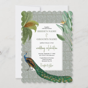 Peacock Feather Tropical Greenery Wedding Kaart