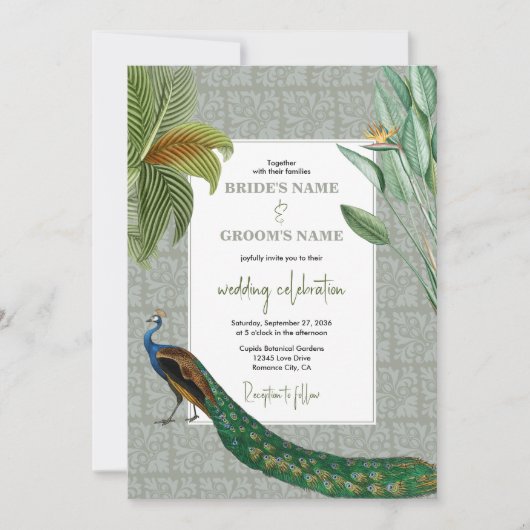 Peacock Feather Tropical Greenery Wedding Kaart (Voorkant)
