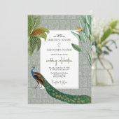 Peacock Feather Tropical Greenery Wedding Kaart (Staand voorkant)